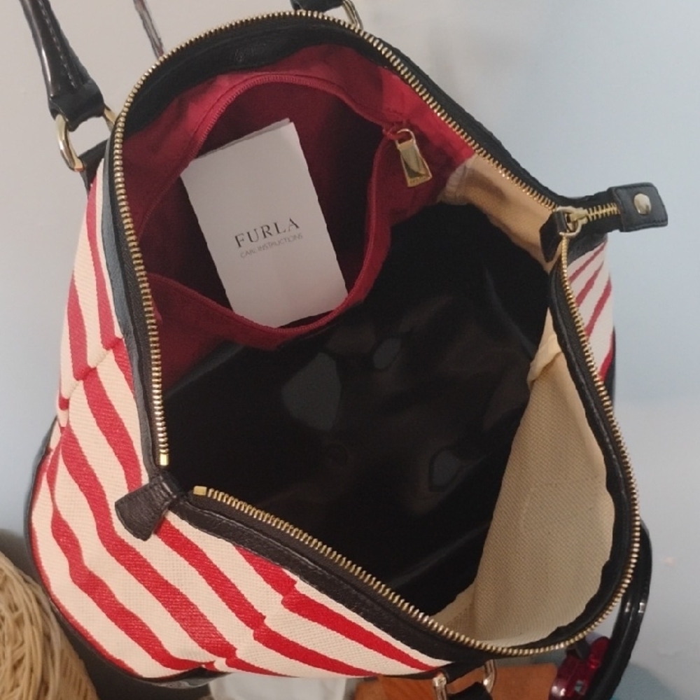 Furla Patriotic Red Off White Stripes Canvas and Black Jelly Bottom Handbag - Picture 7 of 11